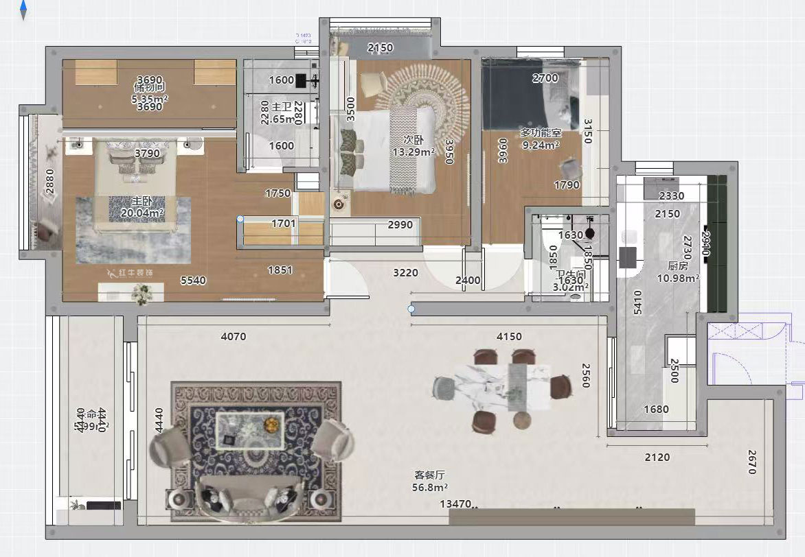 蒋琛｜京隆名府3-1907-160㎡-法式风格｜3室2厅2卫｜旧房装修｜定制家｜全包22万｜00_03平面彩图